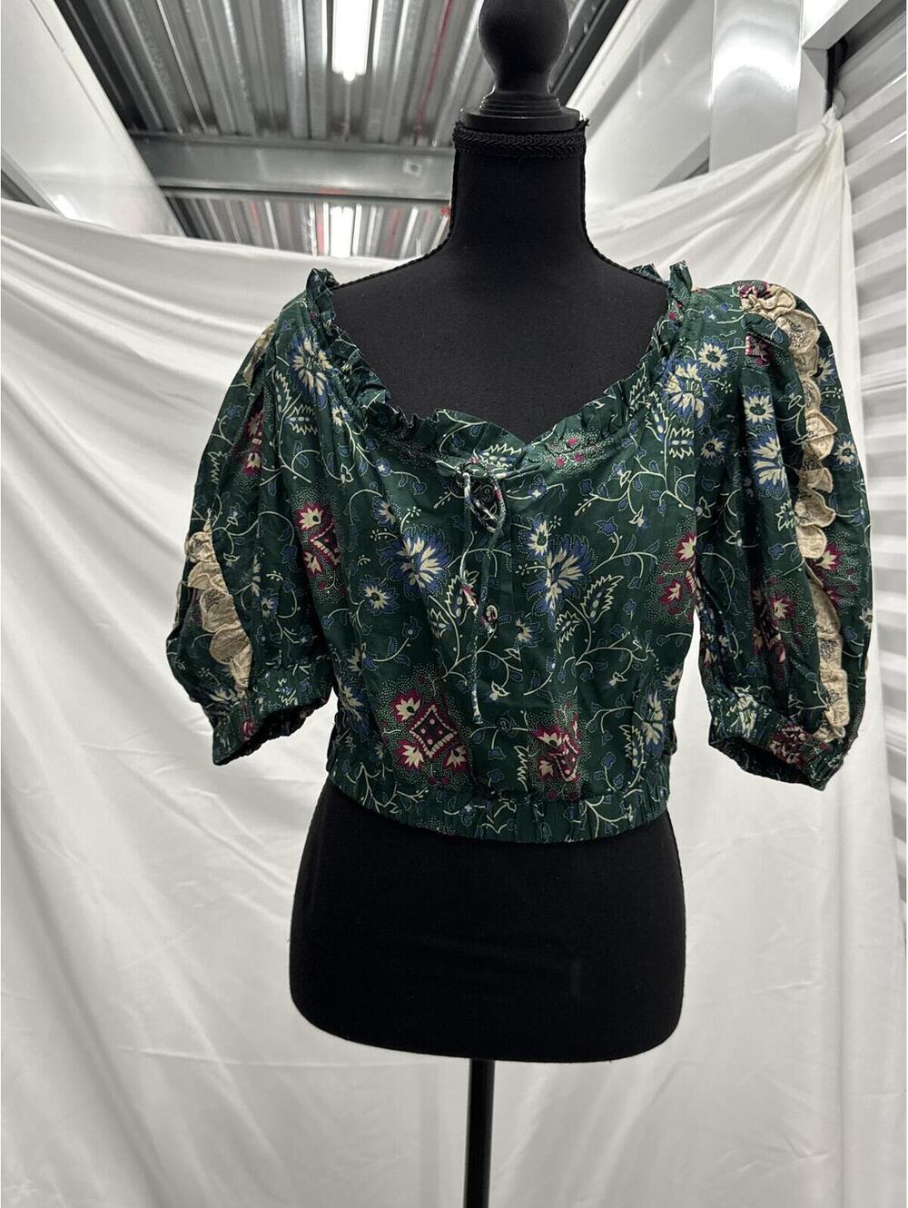 Vintage Green Floral Puff Sleeve Blouse with Lace Trim